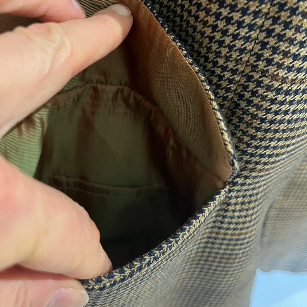 Alan Flusser Worsted Wool Houndstooth Blazer Jacket Sz 46R Tan/ Brown Academia